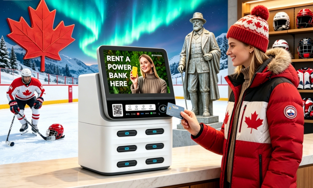 Canada POS shared power bank device used in ski resorts, supporting card payment and QR code rental